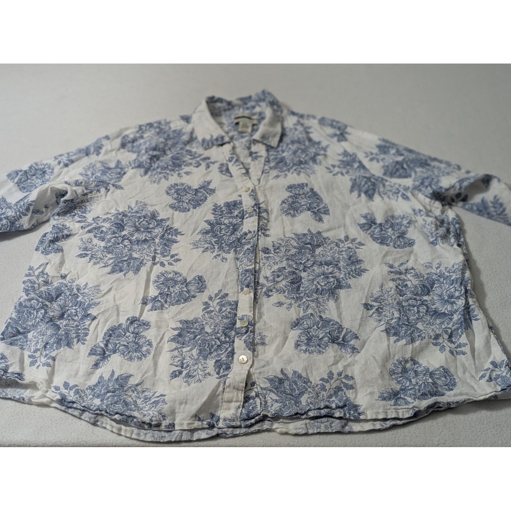 Rachel Zoe Womens Linen Shirt Blouse Blue White Floral Sz 2x Roll Tab Cottage